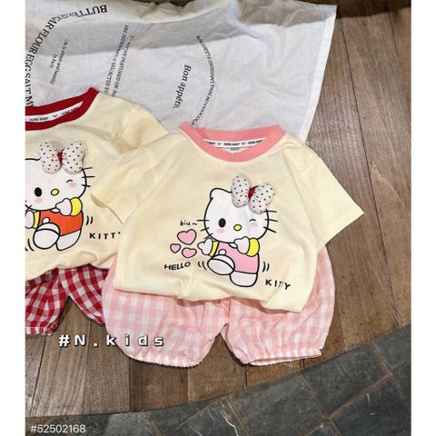 Set bộ thun cotton hello kitty xinh xắn đáng yêu quần đũi kẻ phong cách hàn quốc mát mẻ mùa hè cho bé gái 7-14kg