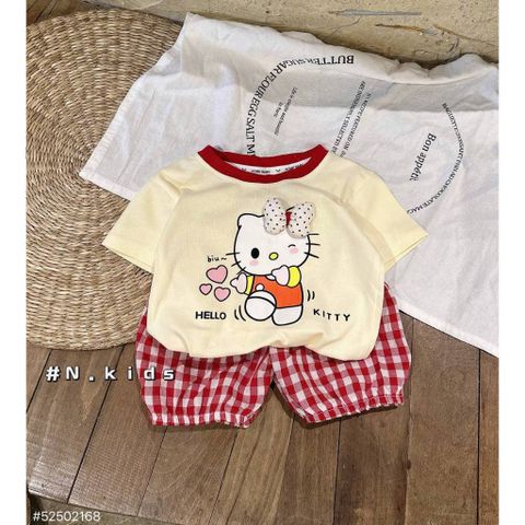 Set bộ thun cotton hello kitty xinh xắn đáng yêu quần đũi kẻ phong cách hàn quốc mát mẻ mùa hè cho bé gái 7-14kg