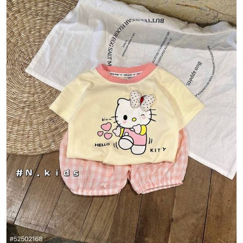 Set bộ thun cotton hello kitty xinh xắn đáng yêu quần đũi kẻ phong cách hàn quốc mát mẻ mùa hè cho bé gái 7-14kg