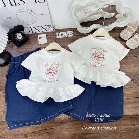 Set áo thun cotton bèo xinh xắn dễ thương kèm quần jean suông cho bé gái phong cách hàn quốc mùa hè hot hit mát mẻ
