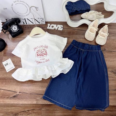 Set áo thun cotton bèo xinh xắn dễ thương kèm quần jean suông cho bé gái phong cách hàn quốc mùa hè hot hit mát mẻ