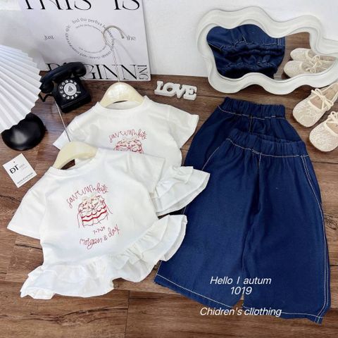 Set áo thun cotton bèo xinh xắn dễ thương kèm quần jean suông cho bé gái phong cách hàn quốc mùa hè hot hit mát mẻ