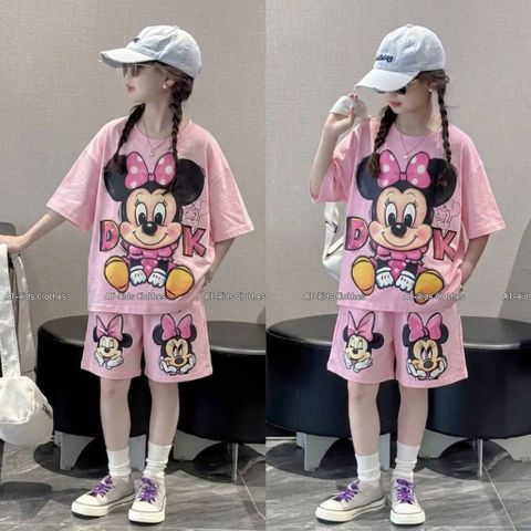 Bộ thun cotton micky xinh xắn dễ thương mùa hè mát mẻ thoáng khí cho bé gái kèm ảnh thật cận chất