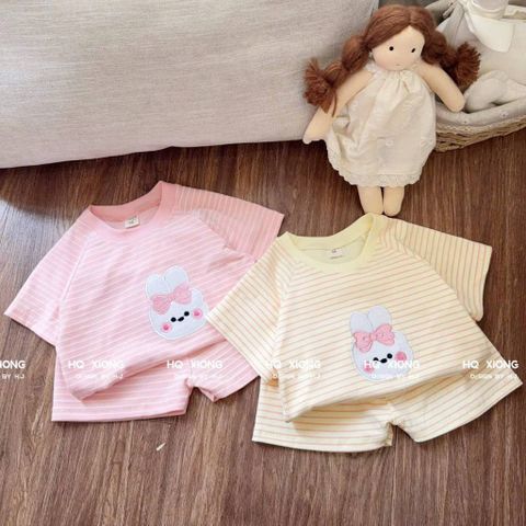 Hàng QC - Bộ thun cotton kẻ thêu thỏ con cute đán yêu xinh xắn dễ thương mùa hè phong cách hàn quốc cho bé gái