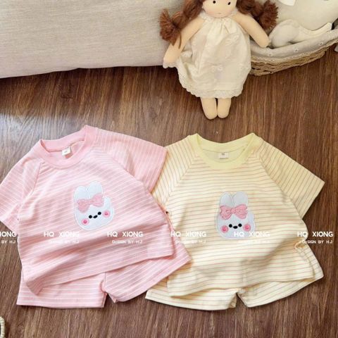 Hàng QC - Bộ thun cotton kẻ thêu thỏ con cute đán yêu xinh xắn dễ thương mùa hè phong cách hàn quốc cho bé gái