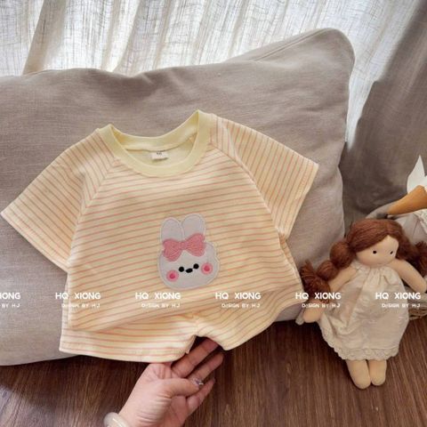 Hàng QC - Bộ thun cotton kẻ thêu thỏ con cute đán yêu xinh xắn dễ thương mùa hè phong cách hàn quốc cho bé gái