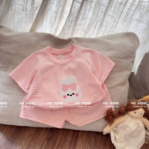 Hàng QC - Bộ thun cotton kẻ thêu thỏ con cute đán yêu xinh xắn dễ thương mùa hè phong cách hàn quốc cho bé gái