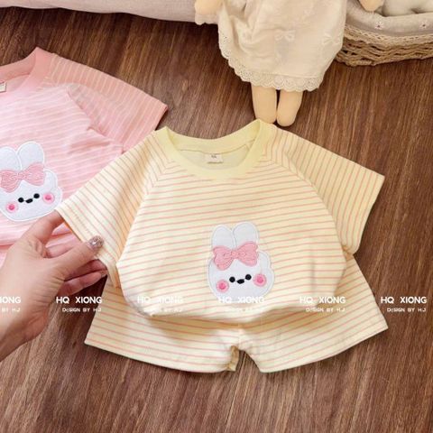 Hàng QC - Bộ thun cotton kẻ thêu thỏ con cute đán yêu xinh xắn dễ thương mùa hè phong cách hàn quốc cho bé gái
