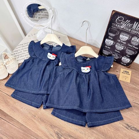 Set bộ jean bò hello kitty tay cánh tiên điệu đà mùa hè hot hit cho bé gái xinh xắn 10-30kg kèm ảnh thật