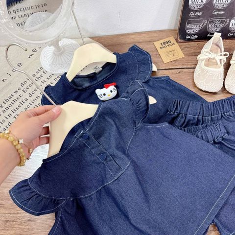 Set bộ jean bò hello kitty tay cánh tiên điệu đà mùa hè hot hit cho bé gái xinh xắn 10-30kg kèm ảnh thật