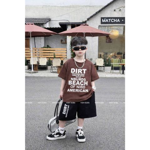 Hàng QC - Set áo thun kẻ chữ kèm quần short phong cách hàn quốc mùa hè mát mẻ thoáng khí cho bé trai  15-25kg