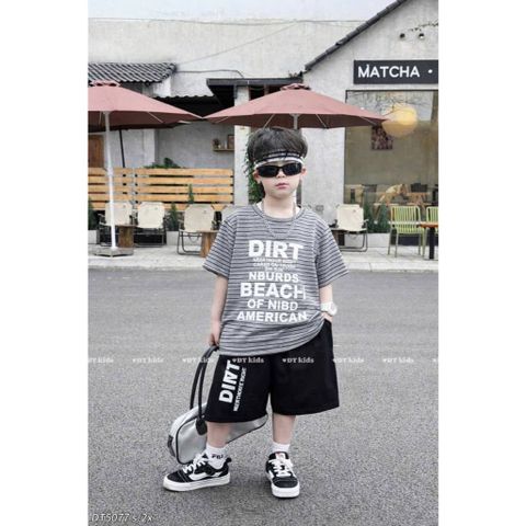 Hàng QC - Set áo thun kẻ chữ kèm quần short phong cách hàn quốc mùa hè mát mẻ thoáng khí cho bé trai  15-25kg