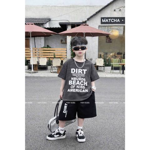 Hàng QC - Set áo thun kẻ chữ kèm quần short phong cách hàn quốc mùa hè mát mẻ thoáng khí cho bé trai  15-25kg