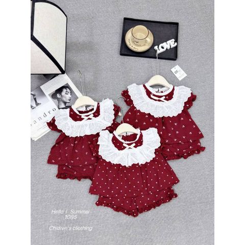 Set bộ đũi nơ hoa nhí trái tim phối ren mát mẻ xinh xắn đáng yêu mùa hè cho bé gái 8-20kg kèm ảnh thật