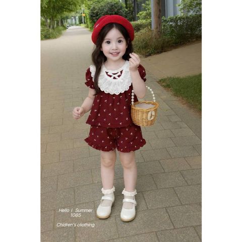 Set bộ đũi nơ hoa nhí trái tim phối ren mát mẻ xinh xắn đáng yêu mùa hè cho bé gái 8-20kg kèm ảnh thật