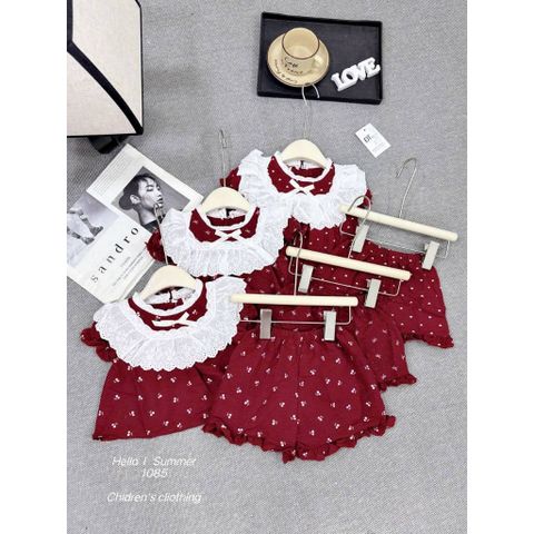 Set bộ đũi nơ hoa nhí trái tim phối ren mát mẻ xinh xắn đáng yêu mùa hè cho bé gái 8-20kg kèm ảnh thật