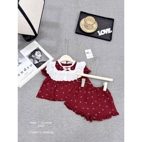 Set bộ đũi nơ hoa nhí trái tim phối ren mát mẻ xinh xắn đáng yêu mùa hè cho bé gái 8-20kg kèm ảnh thật