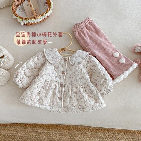 Hàng QC - Áo hoa nhí khoác ngoài mùa đông babydoll trần bông cổ sen tay bo ấm áp xinh xắn vintage hàn quốc cho bé gái