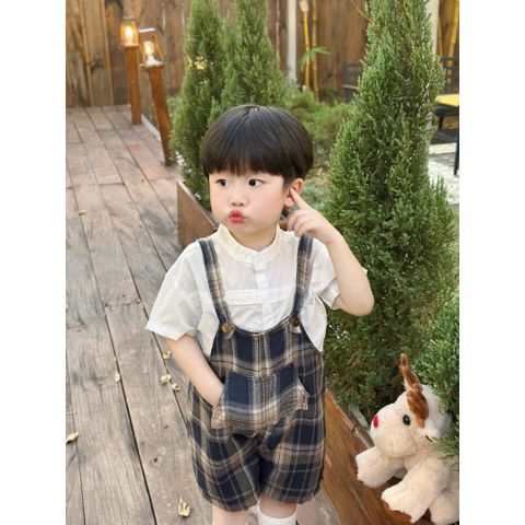 Set áo sơ mi kèm nơ và quần dạ kẻ phong cách hàn quốc vintage mặc đi chơi cho bé trai 6-15kg kèm ảnh cận chất