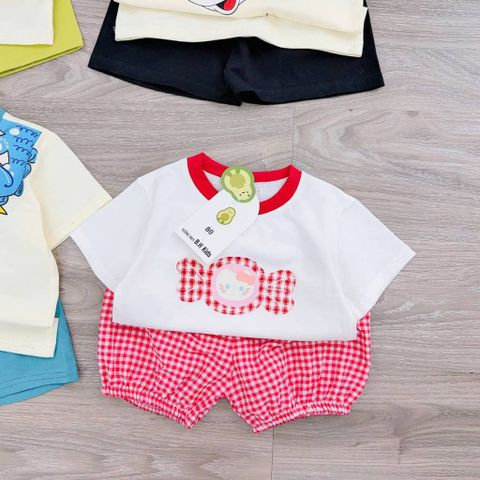 Bộ thun cotton cái kẹo cute dễ thương đáng yêu kèm quần kẻ phong cách hàn quốc mùa hè mát mẻ cho bé gái