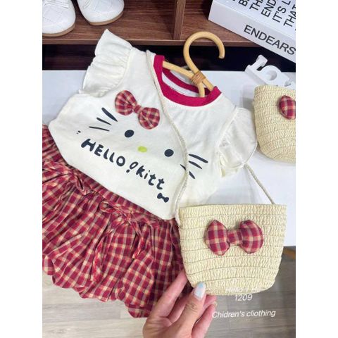 Set bộ hello kitty chân váy kẻ kèm túi cói xinh xắn dễ thương đáng yêu mát mẻ mùa hè 8-20kg cho bé gái