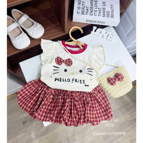Set bộ hello kitty chân váy kẻ kèm túi cói xinh xắn dễ thương đáng yêu mát mẻ mùa hè 8-20kg cho bé gái