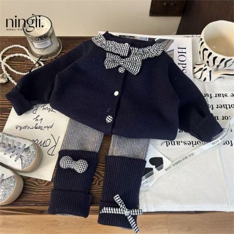 Hàng QC Áo len cardigan nơ kẻ kèm quần len xinh xắn vintage hàn quốc ấm áp dày dặn mùa đông cho bé gái