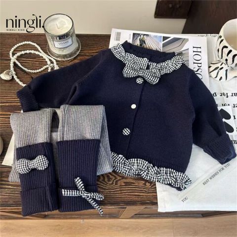 Hàng QC Áo len cardigan nơ kẻ kèm quần len xinh xắn vintage hàn quốc ấm áp dày dặn mùa đông cho bé gái