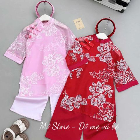 Áo dài TẾT thêu hoa hai lớp kèm quần lụa xuông và bờm nhúm xinh xắn điệu đà cho bé gái 10-30kg