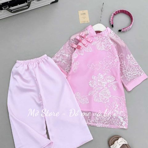 Áo dài TẾT thêu hoa hai lớp kèm quần lụa xuông và bờm nhúm xinh xắn điệu đà cho bé gái 10-30kg