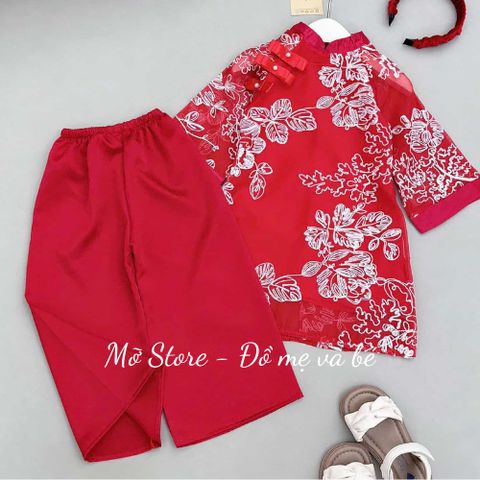 Áo dài TẾT thêu hoa hai lớp kèm quần lụa xuông và bờm nhúm xinh xắn điệu đà cho bé gái 10-30kg