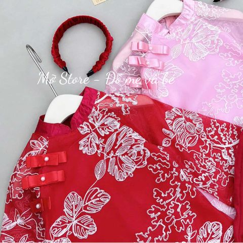 Áo dài TẾT thêu hoa hai lớp kèm quần lụa xuông và bờm nhúm xinh xắn điệu đà cho bé gái 10-30kg