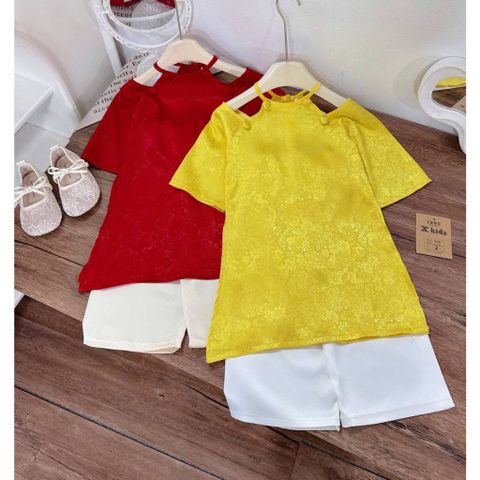 Set áo dài trễ vai cách tân gấm kèm quần suông lụa cho bé gái mặc đi chơi Tết 10-30kg kèm ảnh thật