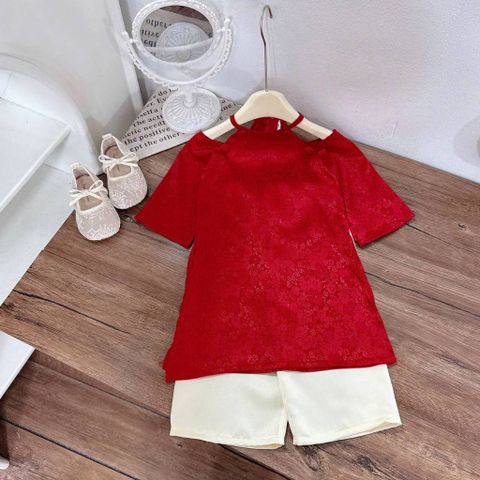 Set áo dài trễ vai cách tân gấm kèm quần suông lụa cho bé gái mặc đi chơi Tết 10-30kg kèm ảnh thật