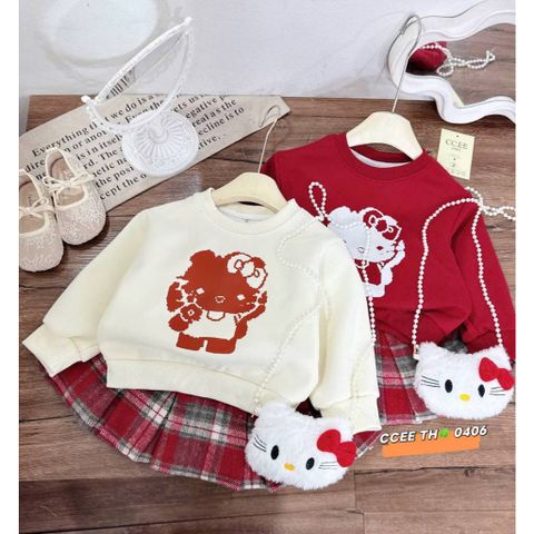 Set áo nỉ lót lông hello kitty xinh xắn kèm chân váy dạ kẻ và túi cho bé gái cute dễ thương mặc đi chơi noel Tết 10-30kg