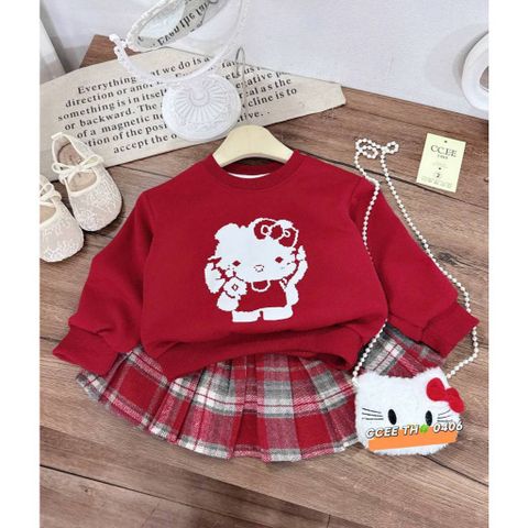 Set áo nỉ lót lông hello kitty xinh xắn kèm chân váy dạ kẻ và túi cho bé gái cute dễ thương mặc đi chơi noel Tết 10-30kg