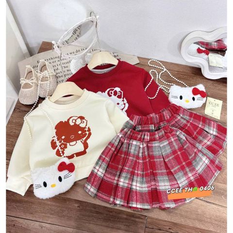 Set áo nỉ lót lông hello kitty xinh xắn kèm chân váy dạ kẻ và túi cho bé gái cute dễ thương mặc đi chơi noel Tết 10-30kg