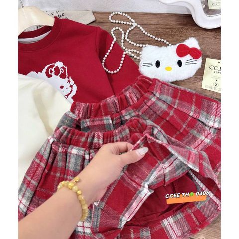 Set áo nỉ lót lông hello kitty xinh xắn kèm chân váy dạ kẻ và túi cho bé gái cute dễ thương mặc đi chơi noel Tết 10-30kg