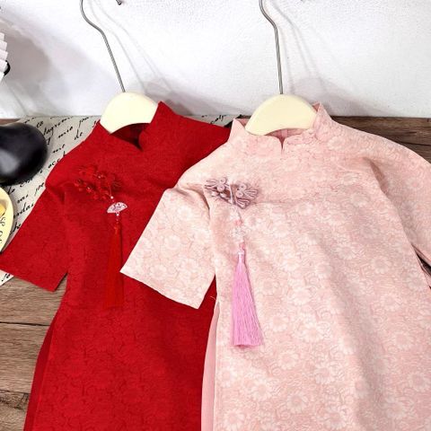 Set áo dài in hoa cúc kèm dây ngọc tu dua và quần lụa suông mặc đi chơi Tết cho bé gái 10-30kg kèm ảnh cận chất