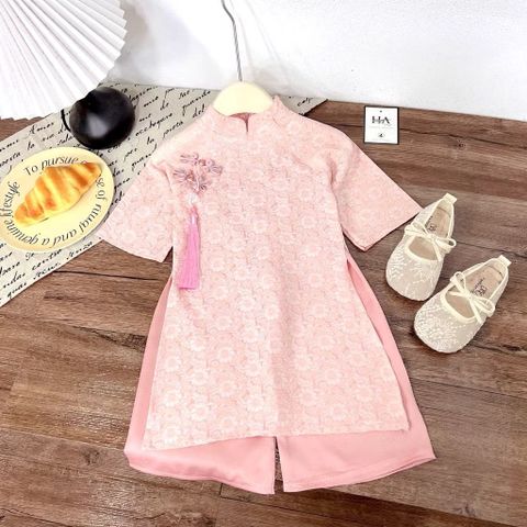 Set áo dài in hoa cúc kèm dây ngọc tu dua và quần lụa suông mặc đi chơi Tết cho bé gái 10-30kg kèm ảnh cận chất