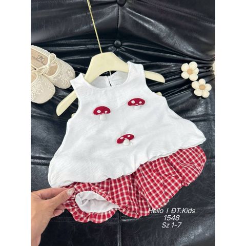 Set bộ đũi nấm kẻ xinh xắn dễ thương mát mẻ mùa hè cho bé gái phong cách hàn quốc 8-20kg kèm ảnh thật