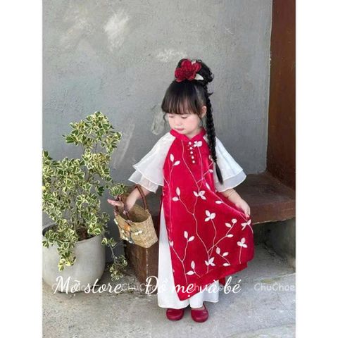 Áo dài cách tân lụa hoa tay bèo TẾT cho bé gái kèm quần, set 2 món áo dài cho bé gái 10-30kg kèm ảnh thật