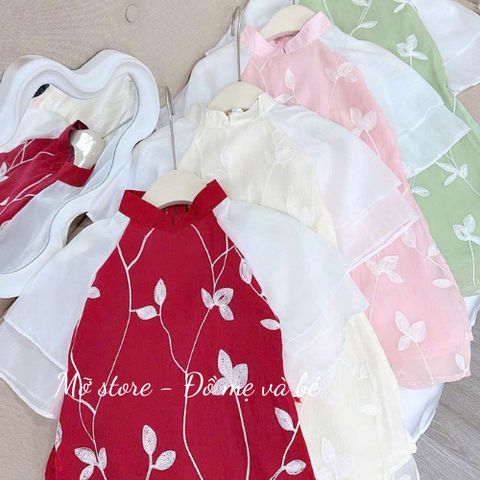 Áo dài cách tân lụa hoa tay bèo TẾT cho bé gái kèm quần, set 2 món áo dài cho bé gái 10-30kg kèm ảnh thật