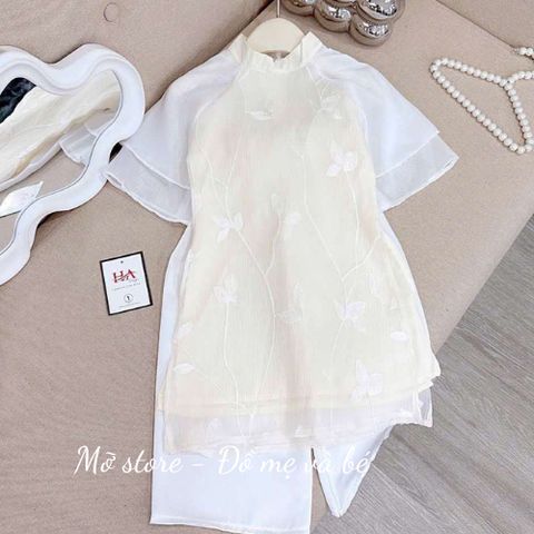 Áo dài cách tân lụa hoa tay bèo TẾT cho bé gái kèm quần, set 2 món áo dài cho bé gái 10-30kg kèm ảnh thật