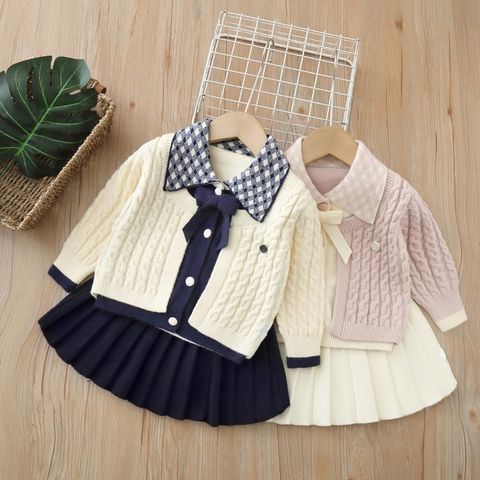 Hàng QC Áo len cardigan thừng nơ cổ kẻ xinh xắn dễ thương đáng yêu kèm chân váy ấm áp mùa đông cho bé gái