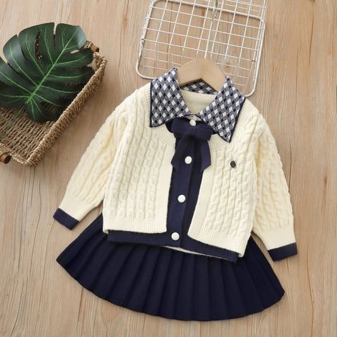 Hàng QC Áo len cardigan thừng nơ cổ kẻ xinh xắn dễ thương đáng yêu kèm chân váy ấm áp mùa đông cho bé gái