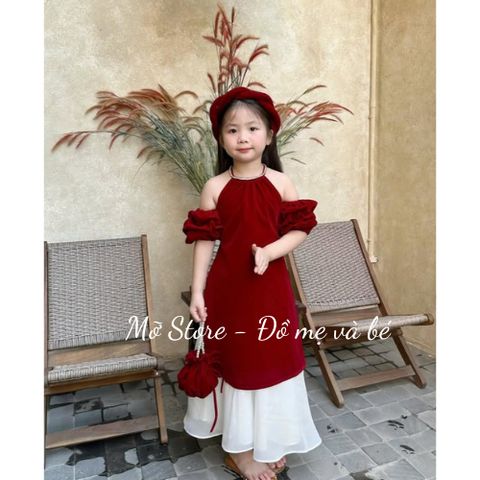 Set áo trễ vai cách tân TẾT nhung phối voan kèm chân váy và mấn cho bé gái điệu đà kèm ảnh cận chất