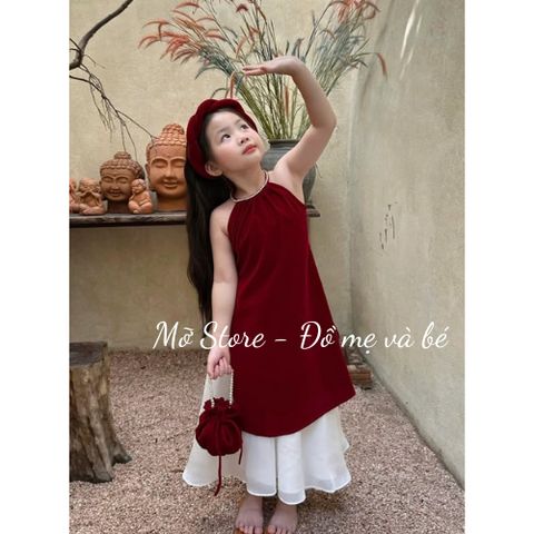 Set áo trễ vai cách tân TẾT nhung phối voan kèm chân váy và mấn cho bé gái điệu đà kèm ảnh cận chất
