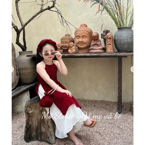 Set áo trễ vai cách tân TẾT nhung phối voan kèm chân váy và mấn cho bé gái điệu đà kèm ảnh cận chất