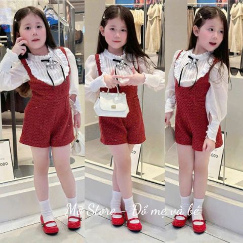 Set yếm dạ kim tuyến kèm áo sơ mi nơ phối tay voan điệu đà xinh xắn cho bé gái mặc TẾT noel